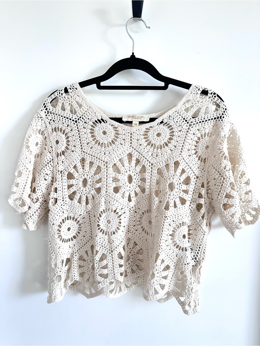 Rebellion Crochet Openwork Short Sleeve Tunic - Cream